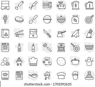 Editable thin line isolated vector icon set - stands for knives, bbq, pan, cauldron, vegetable oil, colander, cook hat, garlic clasp, meat hammer, microwave oven, camping vector, kettle, scales