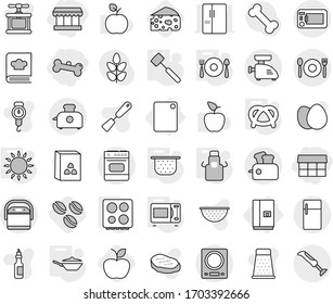 Editable thin line isolated vector icon set - market, bone, cafe, fridge, cutting board, pan, colander, apron, meat hammer, microwave oven, gas, hob, fork spoon plate, pretzel, coffee seeds, apple