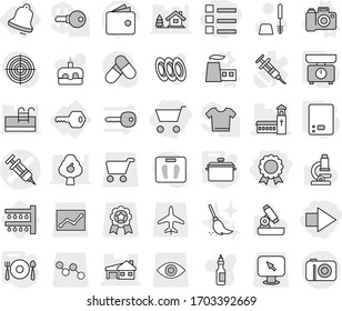 Editable thin line isolated vector icon set - cart, right arrow, medal, list, syringe vector, church, house with garage, key, bell, factory, camera, pan, kitchen scales, fork spoon plate, watering