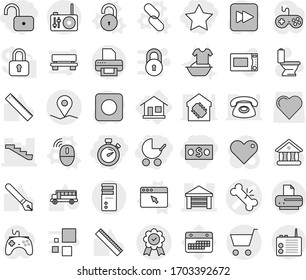 Editable thin line isolated vector icon set - money, unlock, star, stopwatch, baby stroller, broken bone vector, garage, stairs, geo pin, medal, cart, home, wireless mouse, browser window, link, pen