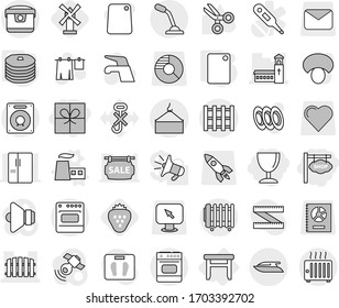 Editable thin line isolated vector icon set - gift, shop signboard, wineglass, church, fence, loading crane, pallet, yacht, stool, factory vector, cutting board, pancakes, windmill, strawberry, mail
