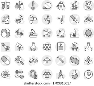 Editable thin line isolated vector icon set - dna vector, pipette, pill, recipe, flask, virus, biohazard, liver, syringe, ambulance sign, satellite, atom, core, magnetic field, charge particle, led