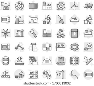 Editable thin line isolated vector icon set - tools, slum, hangare, modular house, brick, factory, construction, tower crane, architector, port, barrel, transporter tape, pallet, gear vector, gears