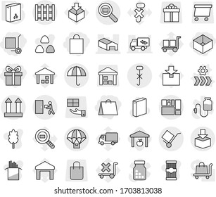 Editable thin line isolated vector icon set - gift, shopping bag, box, cargo stoller, warehouse, consolidated, trolley, dry, top sign, do not hook, courier delivery, package, search, pallet, cereals