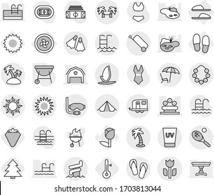 Editable thin line isolated vector icon set - barn, flower bed, perishable, trailer, suitcase, tent, lounger, sun, uv cream, palm, island, hawaiian wreath, pool, aquapark, flippers, diving mask, bbq