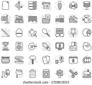 Editable thin line isolated vector icon set - medical flag vector, pin, double boiler, soap, trash bin, plates, cook timer, cutting board, mixer, paper, pie graph, credit card, investment, man