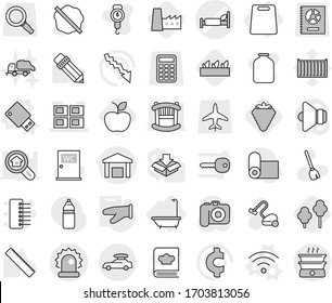 Editable thin line isolated vector icon set - hospital bed vector, panel house, warehouse, alarm, car baggage, bath, cutting board, wireless, usb flash, cook glove, berry, trees, seedling, apple