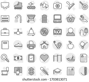 Editable thin line isolated vector icon set - add to basket, percent, heart vector, dropper, route, sea shipping, clipboard check, trolley, bungalow, touchscreen, conveyor, battery, pan, bbq, udder