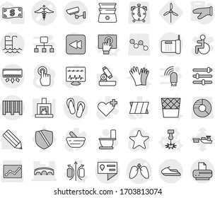 Editable thin line isolated vector icon set - lungs vector, ambulance sign, bridge, location details, bar code, pool, surveillance, jet ski, flip flops, magnetic field, laser, touchscreen, windmill