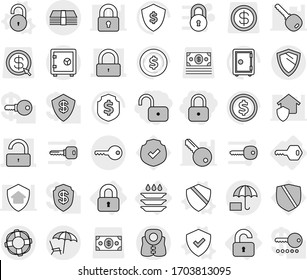 Editable thin line isolated vector icon set - lock, unlock, money, insurance, lounger, key, safe, shield, life vest, lifebuoy, locked, unlocked, plate washing, vector, dollar coin, protected, arrow