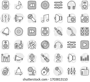 Editable thin line isolated vector icon set - equalizer, megafon, loudspeaker, disco ball, speaker, bell, setup vector, cd, music, disk, hit, microphone, radio, headphones, play button, forward