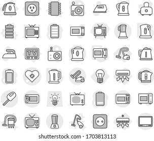 Editable thin line isolated vector icon set - tv, pacemaker vector, bulb, air conditioning, power socket, kettle, vacuum cleaner, chip, battery, microwave oven, iron, toaster, radio, blender