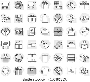 Editable thin line isolated vector icon set - gift, bow, shopping bag, box, label, sale, delivery, necklace, health care vector, package, hi quality, parachute, heart pendant, rack, certificate
