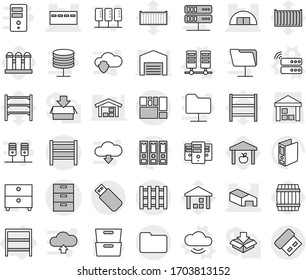 Editable thin line isolated vector icon set - archive vector, bunker, warehouse, hangare, consolidated cargo, documents, rack, pallet, server, cloud service, barrel, grain elevator, binder, shelving