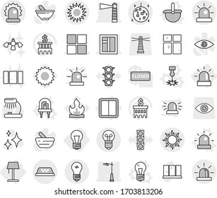 Editable thin line isolated vector icon set - lighthouse, window, outdoor light, alarm, taxi, sun, disco ball, bulb, power switch, floor lamp, vector, led, ladle, laser, siren, shining, clean, table