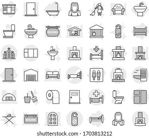 Editable thin line isolated vector icon set - wc, hospital bed vector, hangare, door, arch window, hotel, do not distrub, sink, bath, wardrobe, crib, fireplace, toilet, paper, water closet, tap
