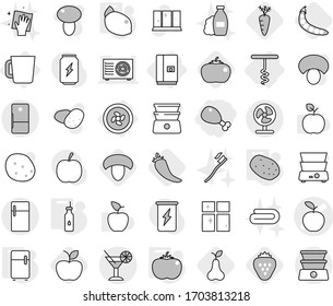 Editable thin line isolated vector icon set - chicken leg, apple vector, cocktail, cooler fan, fridge, cup, corkscrew, vegetable oil, potato, tomato, lemon, hot pepper, mushroom, pear, strawberry