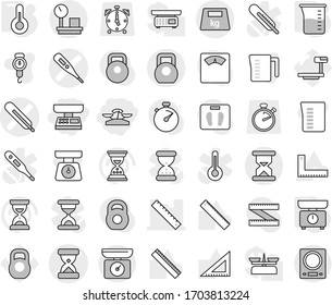 Editable thin line isolated vector icon set - market scales, medical thermometer vector, sand clock, ruler, heavy, warehouse, measuring cup, kitchen, corner, stopwatch, weight, big, alarm, store