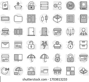 Editable thin line isolated vector icon set - shop, box, copybook, window, door, unlock, documents, insurance, unlocked, vector, package, book, archive, japanese candle, office, umbrella, share
