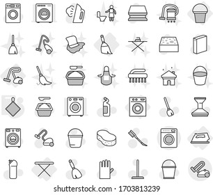 Editable thin line isolated vector icon set - iron, board, washing machine, broom, bucket, vacuum cleaner, rag, vector, mop, sponge, car fetlock, steaming, washer, powder, cleaning agent, house