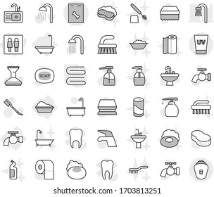 Editable thin line isolated vector icon set - wc, roentgen vector, uv cream, water tap, bath, washing, towel, soap, fetlock, sponge, car, liquid, toilet paper, shower, sink, with foam, basin, brush