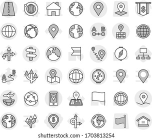 Conjunto de iconos de vector aislados de línea delgada editable - pin dólar, hogar, carretera, geo, globo, mapa, ruta a a b, ubicación móvil, transporte de avión, tierra, señalización, brújula, vector de órbita, jerarquía, mundo, bandera