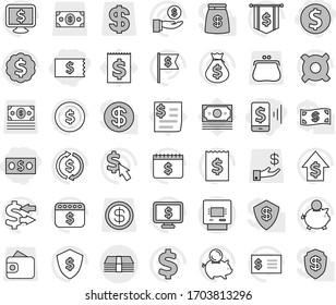 Editable thin line isolated vector icon set - dollar coin, money, receipt, mobile pay, atm, exchange vector, bag, piggy bank, investment, growth, medal, flag, shield, calendar, monitor, cursor, sign