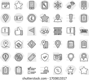 Editable thin line isolated vector icon set - add to cart, clipboard, dollar pin, percent, sale, info, geo, important flag, mobile location, pen, check in, checking, map, handwheel, pets, grill oven