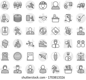 Editable thin line isolated vector icon set - hand coin, doctor vector, under construction, client, customs, do not trolley sign, courier delivery, workman, deltaplane, detector, passenger, surfer