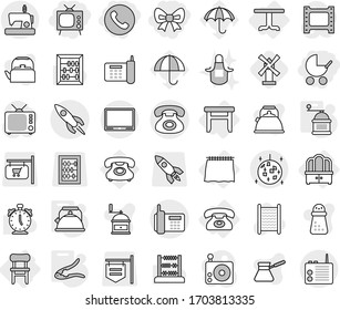 Editable thin line isolated vector icon set - bow, phone, tv, baby stroller, rocket, disco ball, curtain, table, dresser, stool, chair, kettle, walnut crack, hand mill, windmill, washboard vector