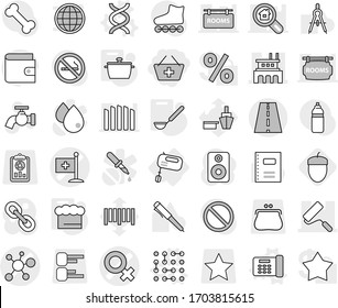 Editable thin line isolated vector icon set - add to basket, female sign vector, virus, medical flag, factory, repair, road, mixer, office phone, dna, circuit, pan, chief hat, ladle, acorn, copybook