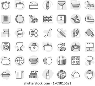Editable thin line isolated vector icon set - lipstick, brick wall, important flag, globe, washing, factory vector, coil, usb flash, pan, colander, wheel, flour, sponge, garbage pile, measuring cup