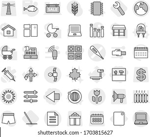 Editable thin line isolated vector icon set - left arrow, calculator, tools, medical thermometer vector, satellite, document, perishable, earth, sun, cutting board, led, chip, orbit, fish, rake