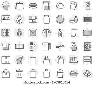 Editable thin line isolated vector icon set - shopping bag, tools, cleanser, potion bottle vector, dry cargo, chemical, pallet, washing, bucket, measuring cup, spices, ketchup, trash bin, sprayer