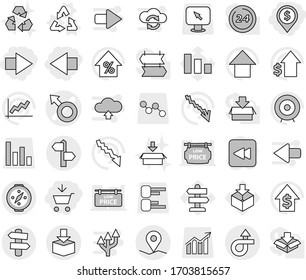Editable thin line isolated vector icon set - add to cart, dollar pin, right arrow, left, male sign vector, trip, signpost, geo, package, compass, recycle, recycling, graph, crisis, percent growth