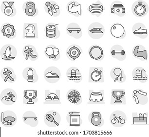 Editable thin line isolated vector icon set - dome house, stadium, stopwatch, bike, diving mask, surfer, tennis, jet ski, yacht, windsurfing, inflatable pool, award cup vector, target, barbell, hoop