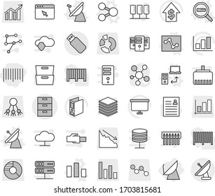 Editable thin line isolated vector icon set - bar code, archive vector, satellite antenna, share, data transfer, chart, analytics, search, personal information, graph, dollar growth, binder, crisis