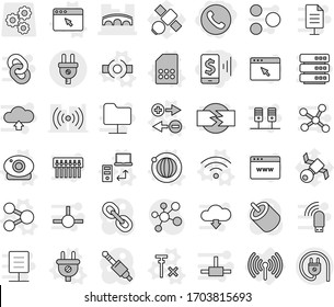 Editable thin line isolated vector icon set - mobile pay, phone, bridge, wireless, share vector, connect, charge particle, plug, data transfer, orbit, web camera, sim card, browser window, no signal