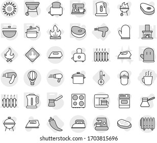 Editable thin line isolated vector icon set - hot drink, air ballon, sun, toaster, hair dryer, cauldron, steam pan, kettle, cook glove, turk, coffee maker, bbq, steake, pepper, thermometer, fire