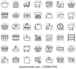 Editable thin line isolated vector icon set - cart, basket, add to, delete, credit card, market, scales, shopping bag, sale, cargo stoller, shop, mall, warehouse, package, office vector, shelving