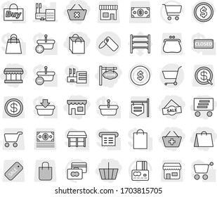 Editable thin line isolated vector icon set - basket, add to, delete cart, shop, market, shopping bag, sale, delivery, store signboard, mall, label, dollar coin vector, credit card, shelving, purse
