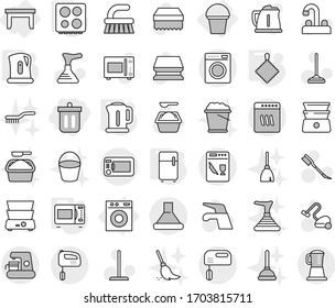 Editable thin line isolated vector icon set - bin, table, washing machine, bucket, kettle, rag, microwave oven, hob, fridge, plunger vector, water tap, vacuum cleaner, fetlock, mop, sponge, car