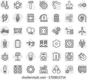 Editable thin line isolated vector icon set - spark plug, factory, gas station, barrel, motorcycle, bulb, power socket, speaker, kettle, floor lamp, electron vector, magnet, windmill, server, hammer