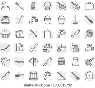 Editable thin line isolated vector icon set - cargo top sign, insurance, basket, mirror, bucket, pan, kettle, ladle, hand mill, shovel, fork, plunger vector, fetlock, water tap, car, toilet brush