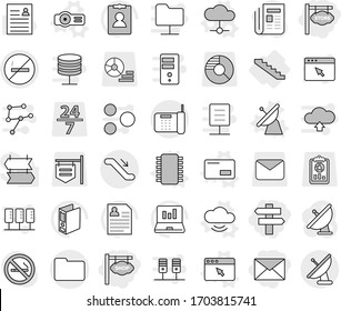 Editable thin line isolated vector icon set - store signboard, shop, singlepost, mail, documents, escalator, no smoking, stairs, chip vector, satellite antenna, cloud, service, envelope, projector