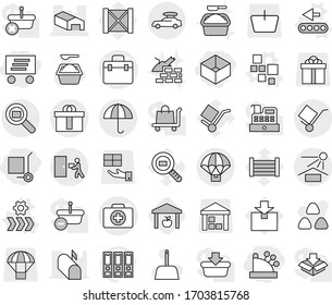 Editable thin line isolated vector icon set - box, cashbox, delivery, cargo stoller, doctor bag vector, case, warehouse, trolley, dry, sun potection, courier, hi quality package, search, parachute