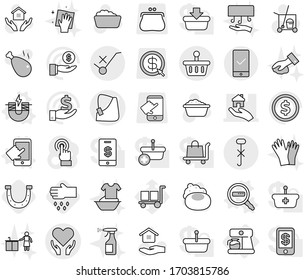 Editable thin line isolated vector icon set - broken hand vector, health care, real estate, do not trolley sign, hook, basket, mobile checking, coffee maker, electric magnet, touchscreen, horseshoe