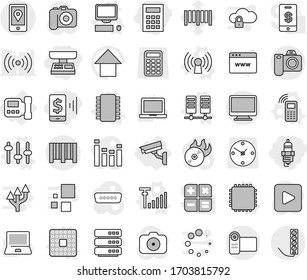 Editable thin line isolated vector icon set - mobile pay, market scales, calculator, spark plug, location, bar code, intercome, surveillance camera, chip vector, cpu, antenna, phone, server, setup