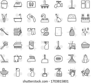 Editable thin line isolated vector icon set - soap vector, plunger, cleaner trolley, broom, vacuum, mop, scoop, rake, bucket, clothespin, sponge, towel, water tap, car fetlock, shining, welcome mat