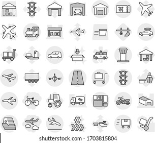 Editable thin line isolated vector icon set - journey, bike, warehouse, gas station, road, plane, traffic light, car shipping, consolidated cargo, fast deliver, train, baggage, motorcycle, ticket